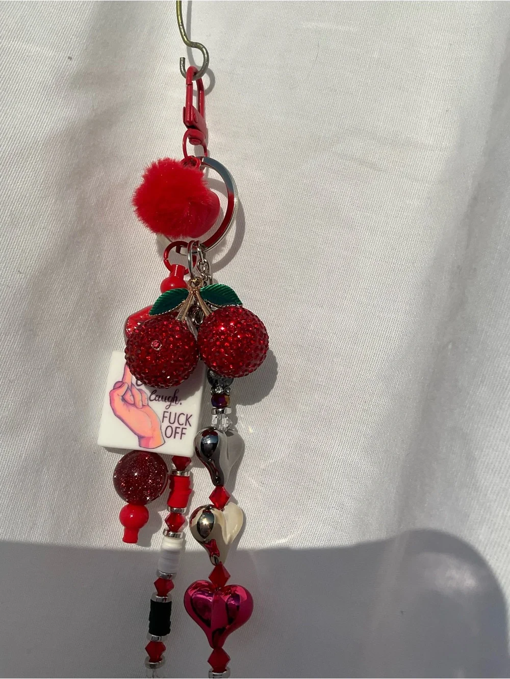 Beaded 'Boss B” Keychain with metal pave cherry charm and beaded key fob